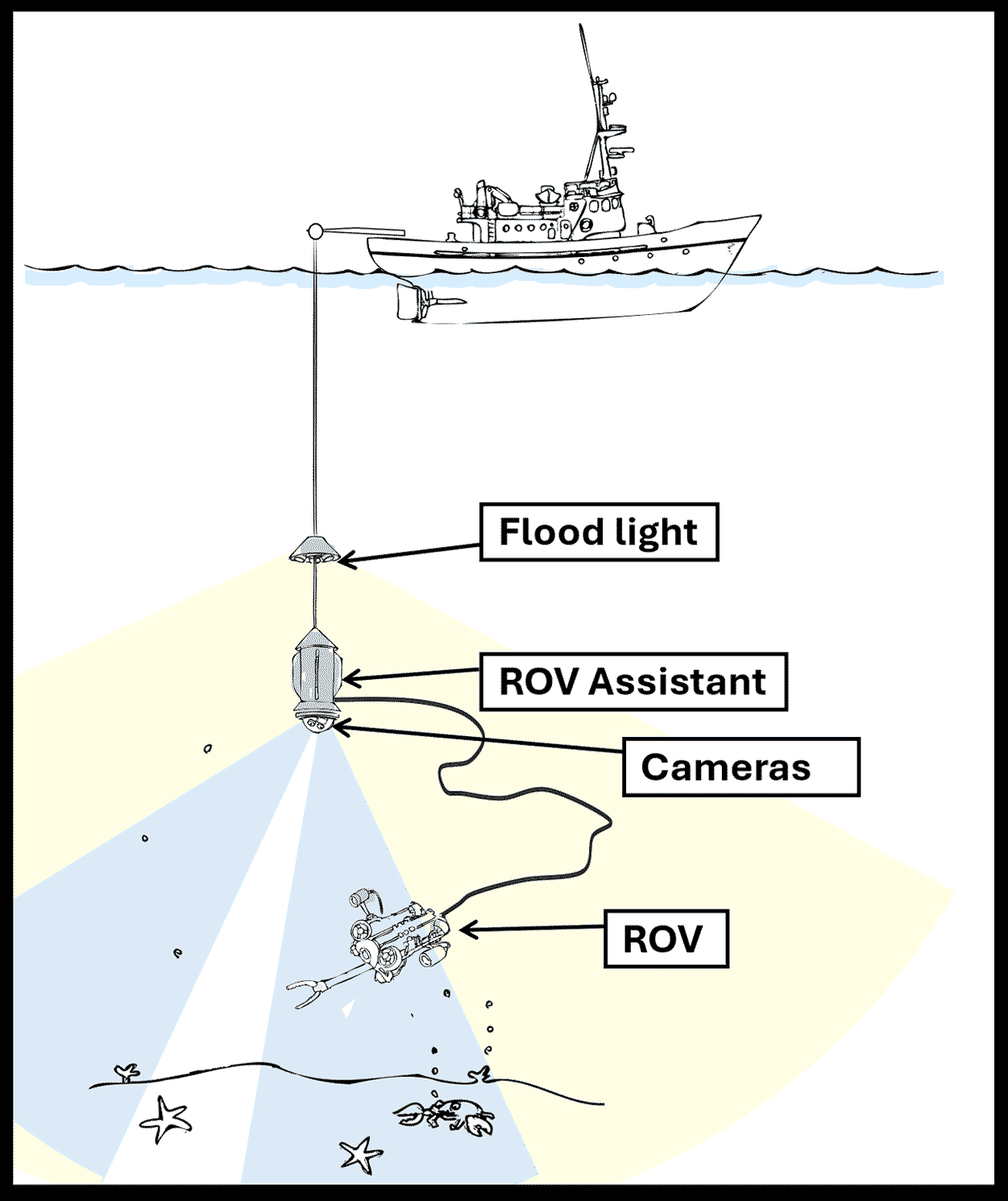 The image is showing the ROV Assistant launched from a ship